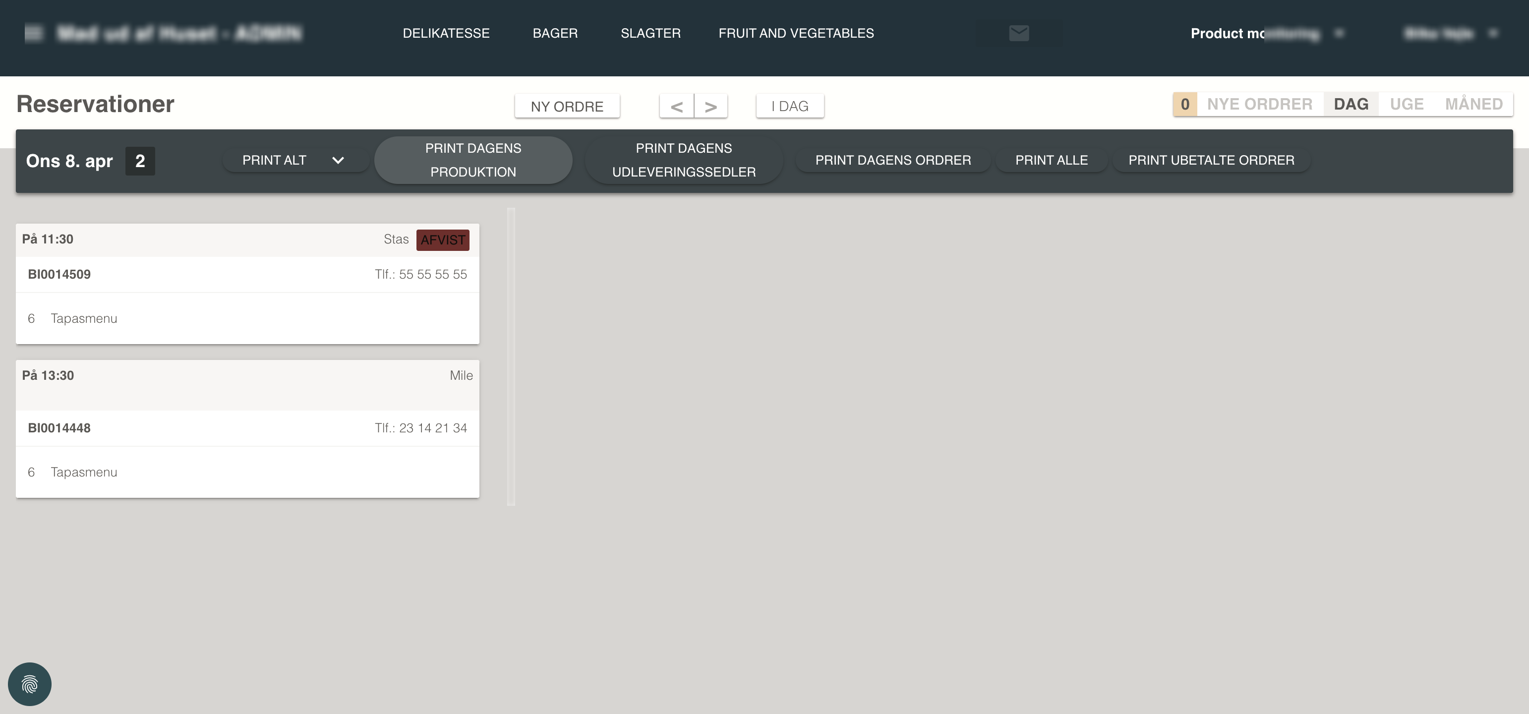 Daily order view with print options for production planning
