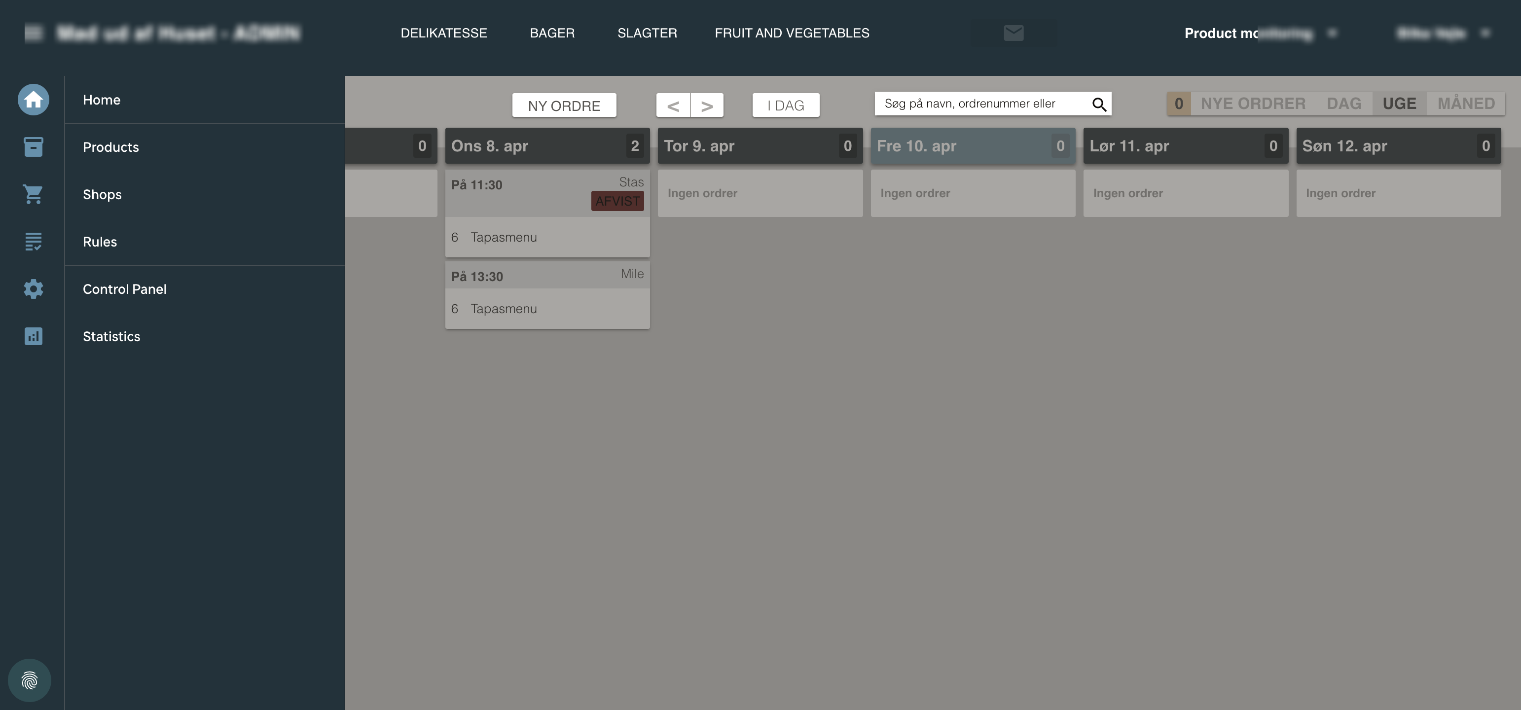 Calendar view of weekly orders in the DeliChain admin