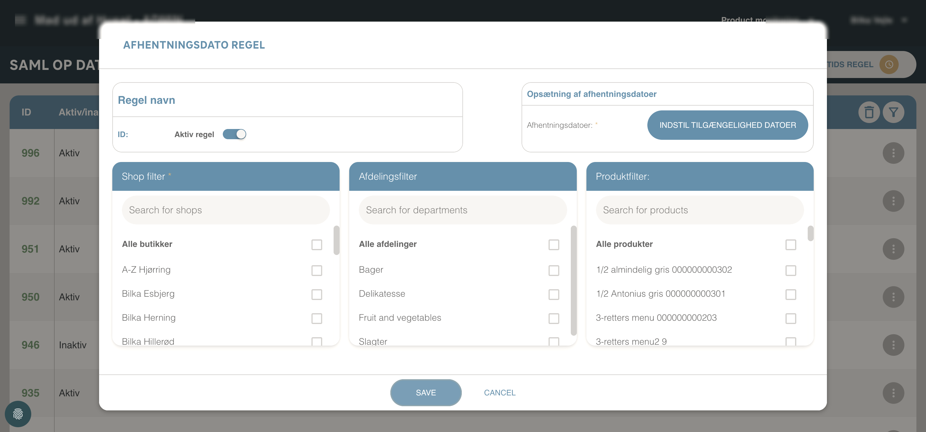 Pickup rules configuration screen with date and capacity settings